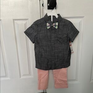 Plaid Shirt with Bow Tie and Pink Pants Set